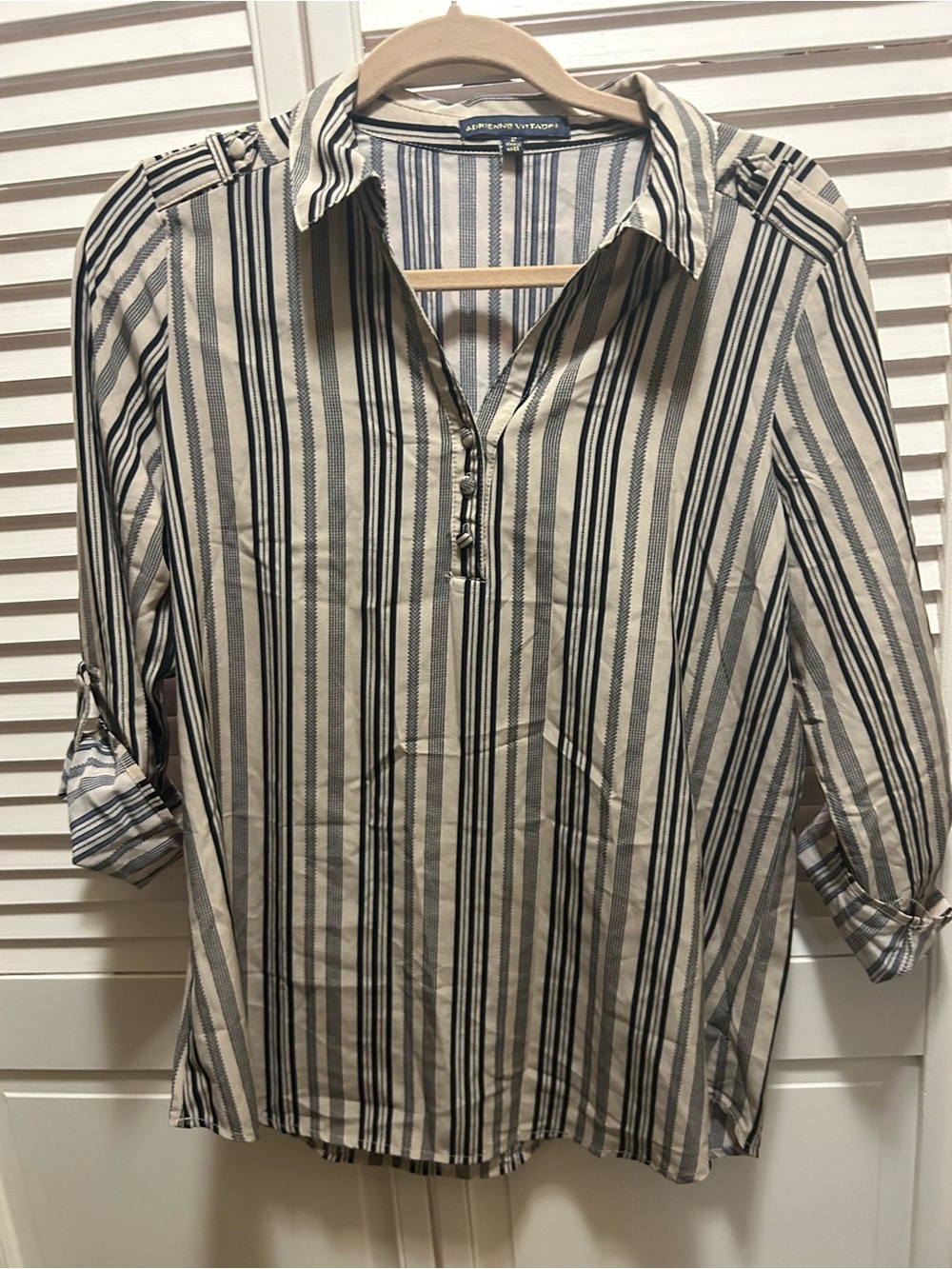 Adrienne Vittadini Beige and Black Striped Casual Shirt